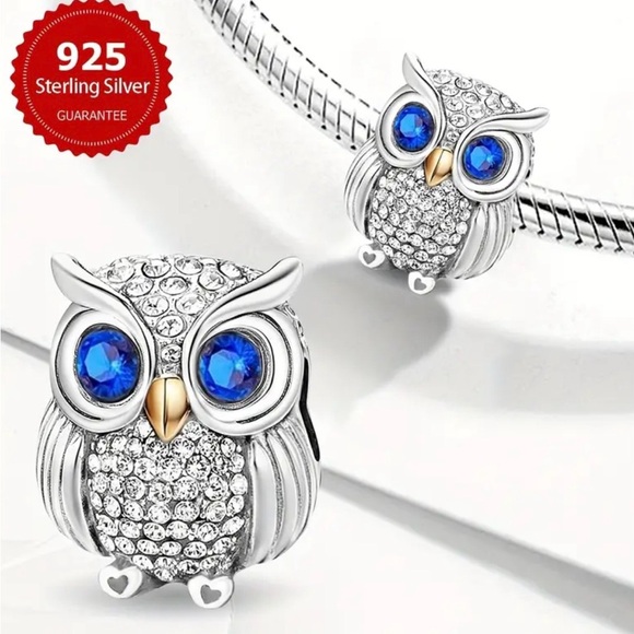 Sterling Silver 925 Pandora Owl Charm with Blue Gem Eyes - Picture 7 of 10